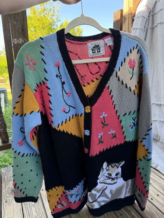 Storybook Knits Sweaters - Vintage Storybook Knits Patchwork Cat Cardigan Sweater